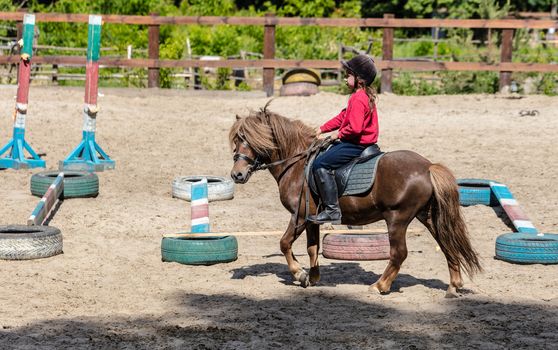 Horseback riding, lovely equestrian - little girl is riding a horse