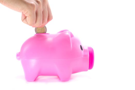 Hand of woman Putting Coin In Piggy Bank isolate on white background