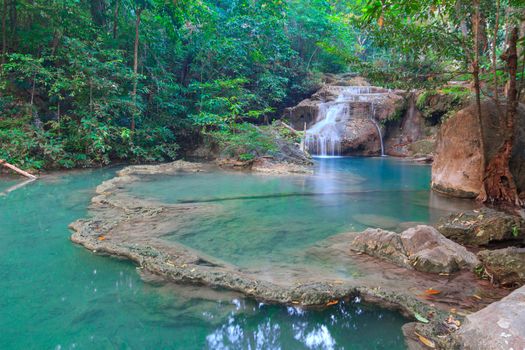 Waterfalls In Deep Forest at Erawan Waterfall in National Park Kanchanaburi Thailand