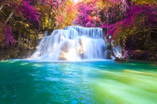 Waterfalls In Deep Forest at Huai Mae Khamin Waterfall in National Park Kanchanaburi Thailand