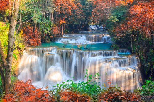 Waterfalls In Deep Forest at Huai Mae Khamin Waterfall in National Park Kanchanaburi Thailand