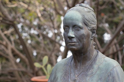 Detail of the bust of Lady Florence Trevelyan in Taormina park, Sicily, Italy.