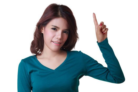Young excited woman point finger showing something to side empty copy space, concept girl advertisement product