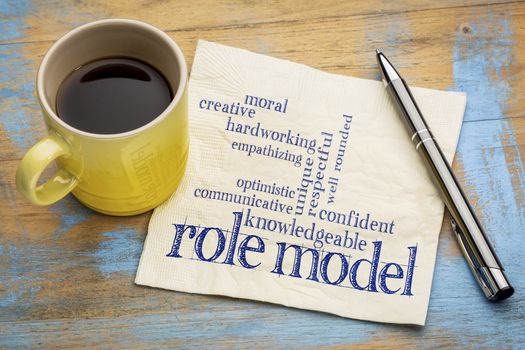 role model qualities word cloud -handwriting on a napkin with a cup of coffee