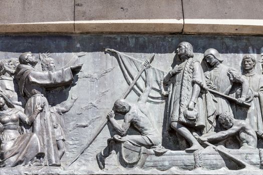 Details of Columbus Monument, Barcelona, Spain. Bronze statue  sculpted by Rafael Atche, situated on top of a 40-meter Corinthian column.