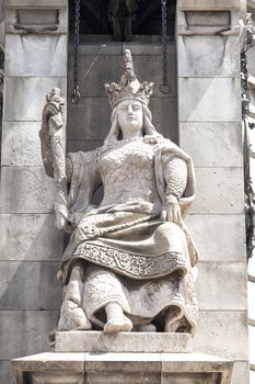 Details of Columbus Monument, Barcelona, Spain. Bronze statue  sculpted by Rafael Atche, situated on top of a 40-meter Corinthian column.