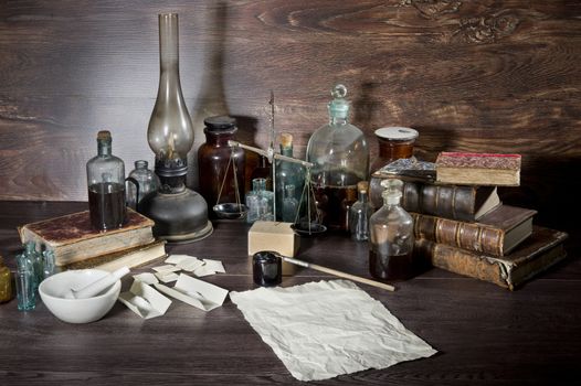 Pharmaceutical still life with old objects