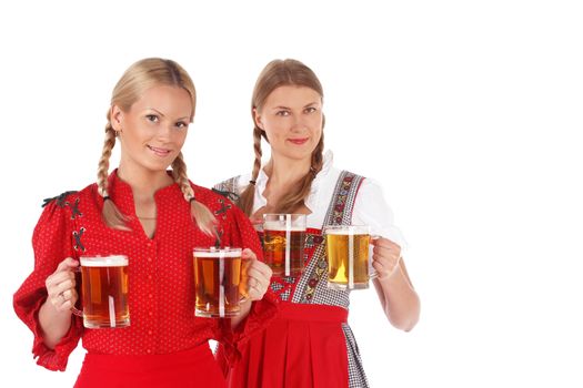 Pretty oktoberfest blonde women holding beer bugs in bar