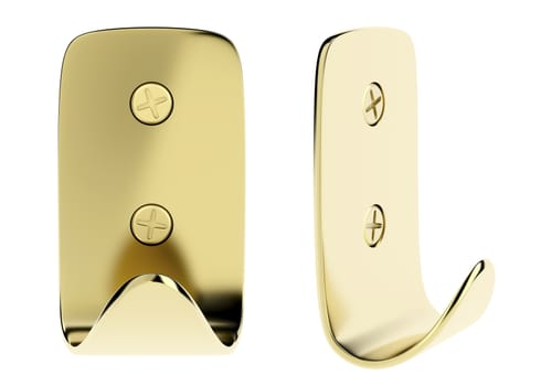 Front and side view of golden wall hook, isolated on white background