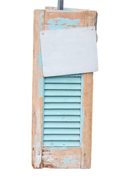 Age decorative weathered wooden shutters with information sign, isolated.