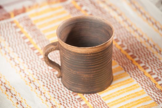 Traditional handcrafted mug on multycolor background. High resolution