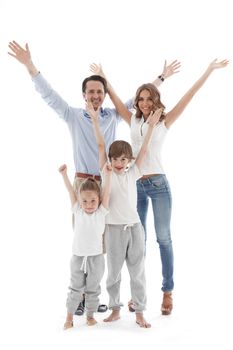 Happy family with raised hands up isolated on white background