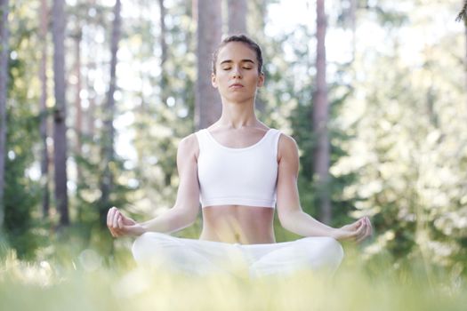 Pretty young woman doing yoga exercise in the park