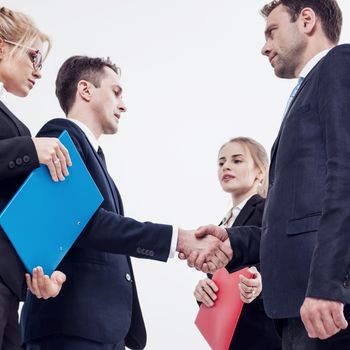 Business people shaking hands on white background, cooperation concept