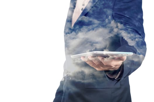 Double Exposure of Businessman with Wireless Tablet Device and Cloud Sky as Business Technology Concept