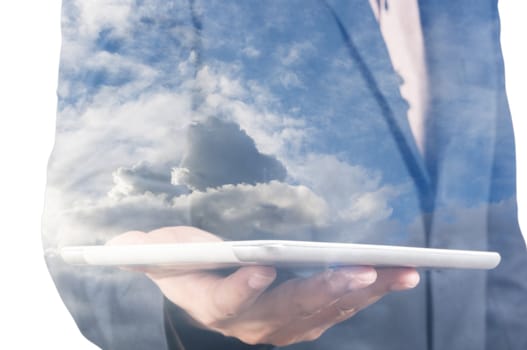 Double Exposure of Businessman with Wireless Tablet Device and Cloud Sky as Business Technology Concept