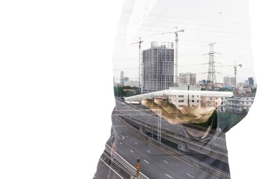 Double exposure of Businessman with Tablet and Modern City Building isolate on white as Business Technology Concept