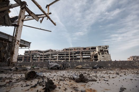 Wide Angle view of donetsk airport ruins after massive artillery shelling