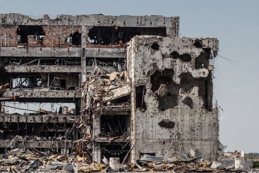 Detail view of donetsk airport ruins after massive artillery shelling