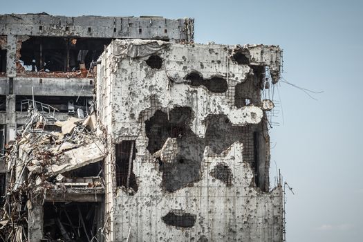 Detail view of donetsk airport ruins after massive artillery shelling