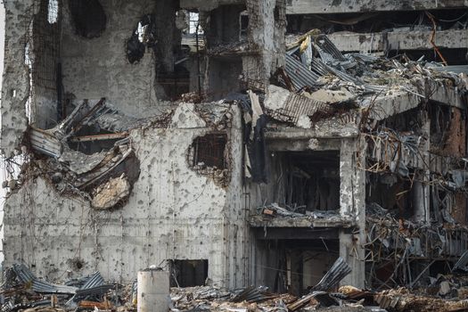 Detail view of donetsk airport ruins after massive artillery shelling