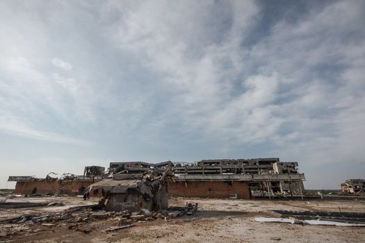 Wide Angle view of donetsk airport ruins after massive artillery shelling