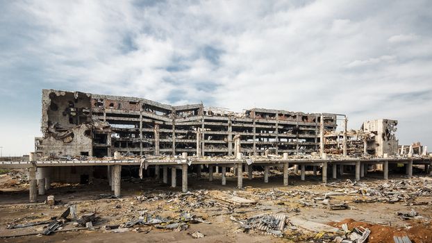 Wide Angle view of donetsk airport ruins after massive artillery shelling