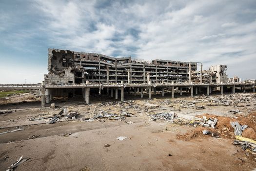 Wide Angle view of donetsk airport ruins after massive artillery shelling