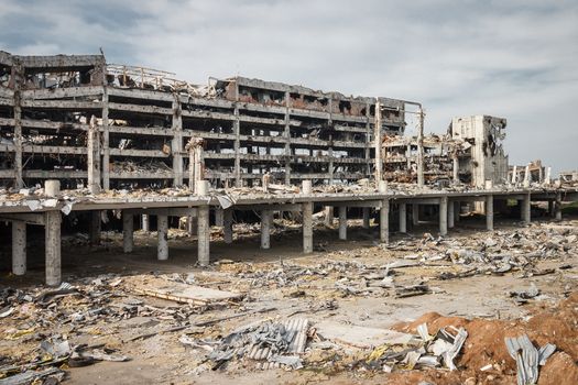 Wide Angle view of donetsk airport ruins after massive artillery shelling