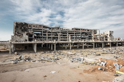 Wide Angle view of donetsk airport ruins after massive artillery shelling