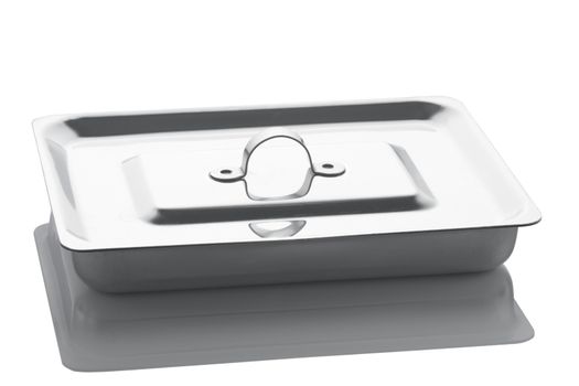 The tray from stainless steel with a cover for surgical tools is isolated on a white background with reflection