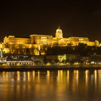 Budapest Castle by night in on Danube river
