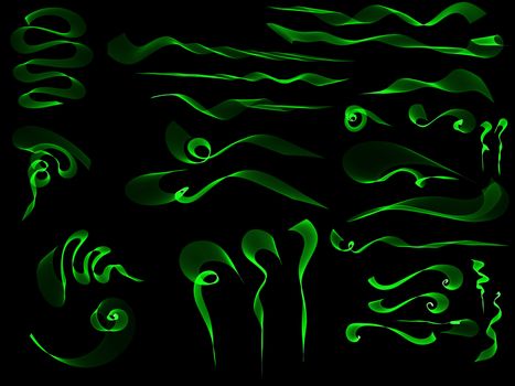 set of 28 abstract green smoke fire brushes ribbons design elements over black background.