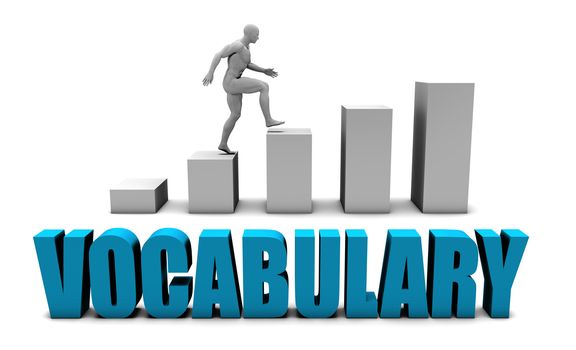 Vocabulary 3D Concept  in Blue with Bar Chart Graph