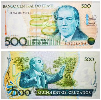 Banknote 500 Cruzados Brasil front and back isolated emitted on 1986. Villa Lobos on front and back