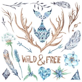 Collection of hand-painted boho wild and free style objects - feathers, horns, plants isolated on white background