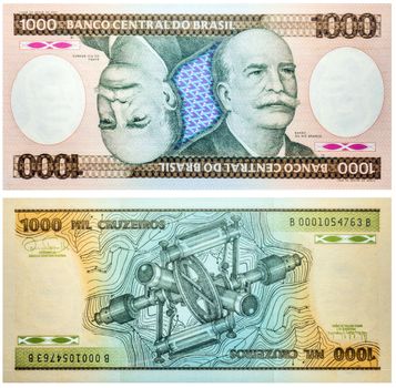 Banknote 1000 cruzeiros Brasil front and back isolated emitted on 1981. Rio Branco on front and a machinery on back