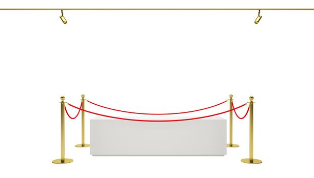 Empty showcase with tiled stand barriers for exhibit. Isolated white background. 3D illustration