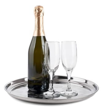 Champagne bottle and two champagne glasses on tray isolated on white background