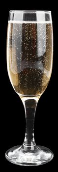 Champagne glass on black background, close up view