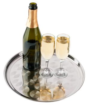 Champagne bottle and champagne glasses on tray isolated on white background