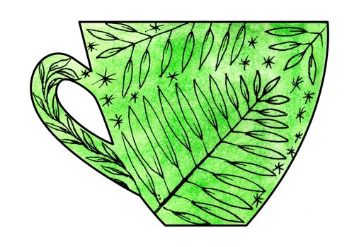 Cup of tea and coffee. Handmade. Watercolor, Mixed media. Cut paper. Tea time. Leaves on green