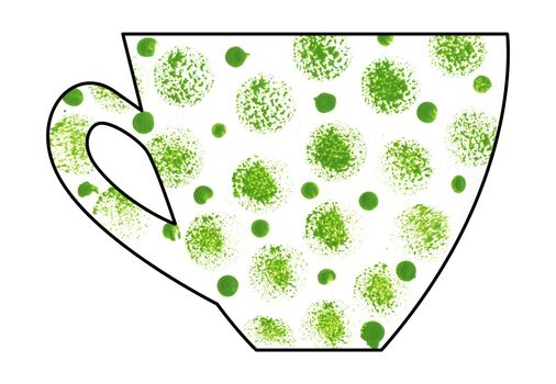 Cup of tea and coffee. Handmade. Watercolor, Mixed media. Cut paper. Tea time. Green spots on white