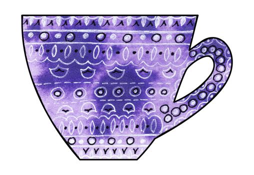 Cup of tea and coffee. Handmade. Watercolor Mixed media. Cut paper. Tea time. White and black patterns on purple