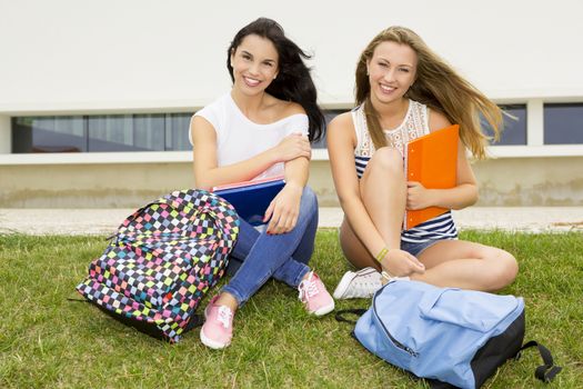 Happy teenage students in the school 