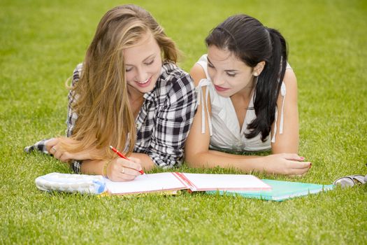 Tennage students lying on the grass and study together