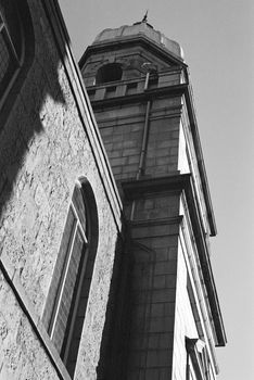 Black and white film photograph of a building in Aberdeen