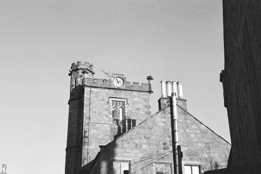 Black and white film photograph of a building in Aberdeen