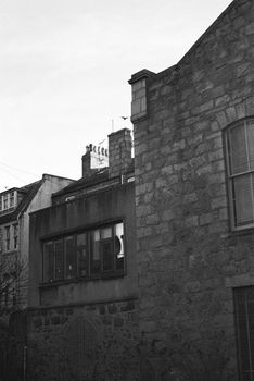 Black and white film photograph of a building in Aberdeen