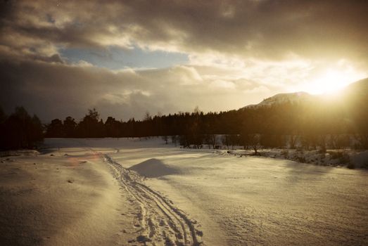 Color film image of winter scenery in Kingussie